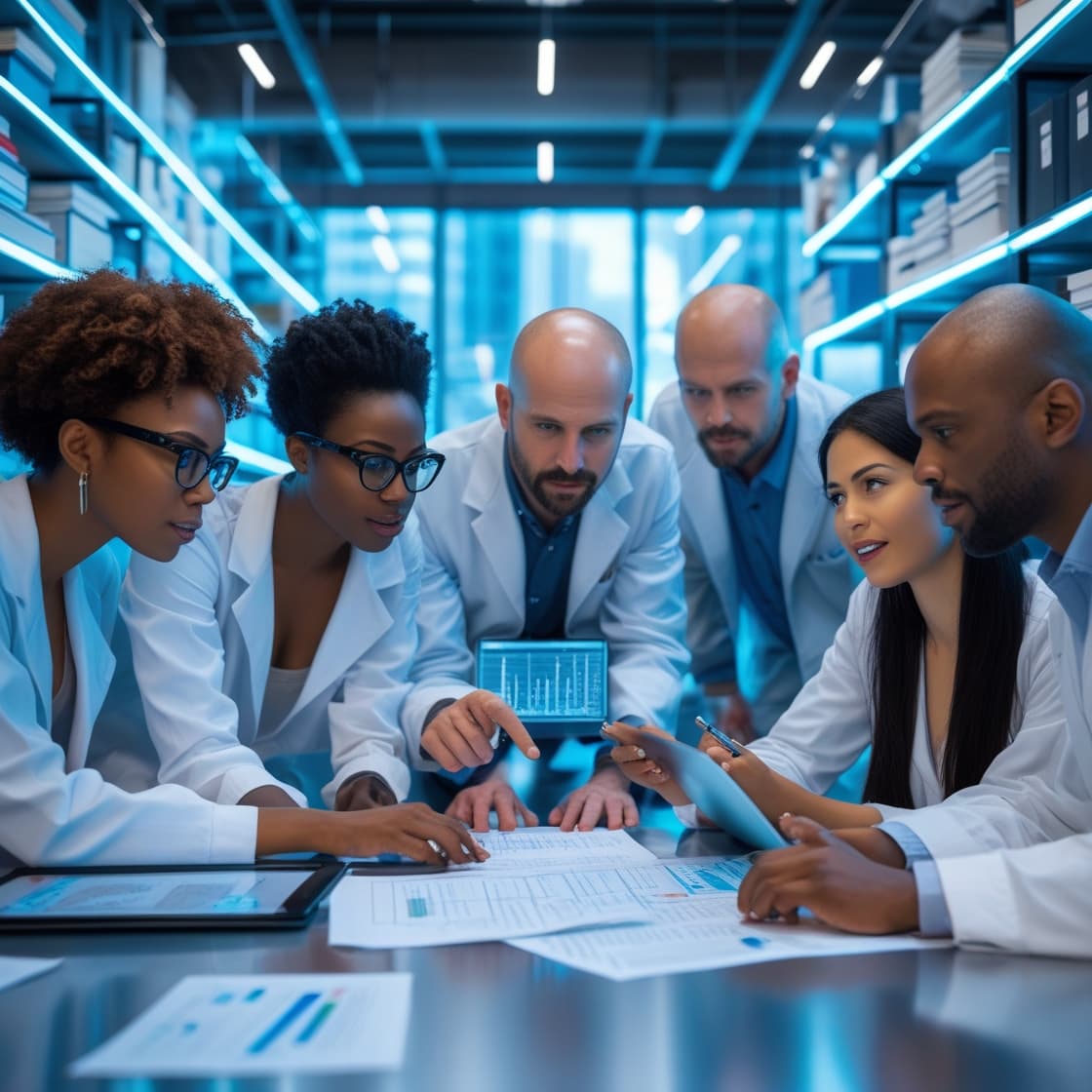 Equipe de pesquisadores analisando dados